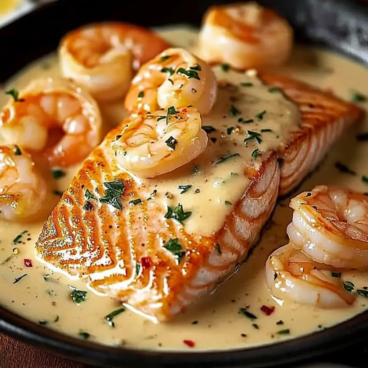 Salmon and Shrimp with Creamy Garlic Sauce in 30 Minutes