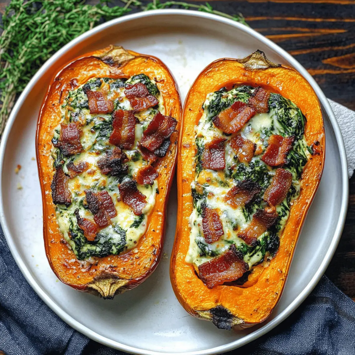 Delicious Stuffed Butternut Squash with Spinach, Bacon, and Cheese