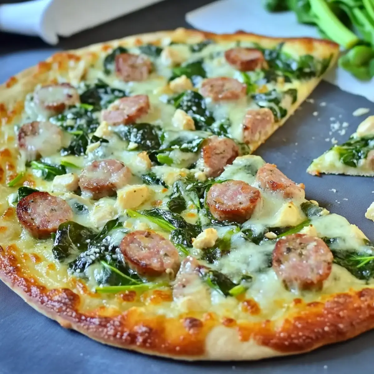 Delicious Chicken Sausage and Spinach Pizza with Garlic Bliss