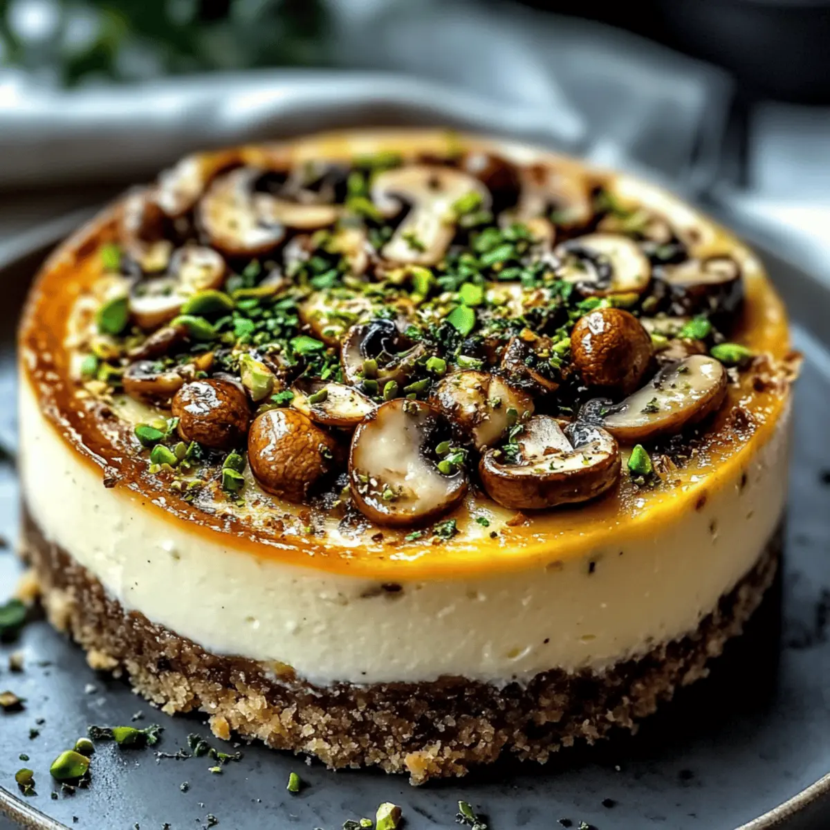 Savory Pistachio and Mushroom Cheesecake with Feta Crust Delight