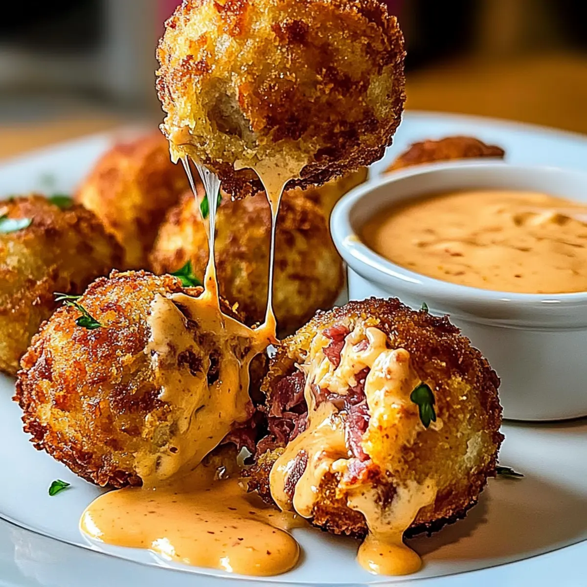 Crispy Reuben Balls with Zesty Thousand Island Dip Delight