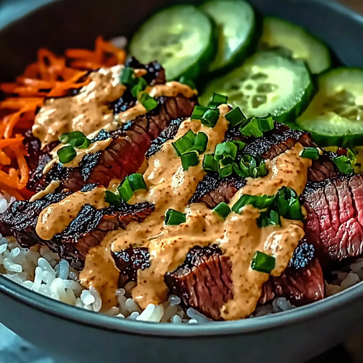 Korean BBQ Steak Rice Bowls with Spicy Cream Sauce Bliss