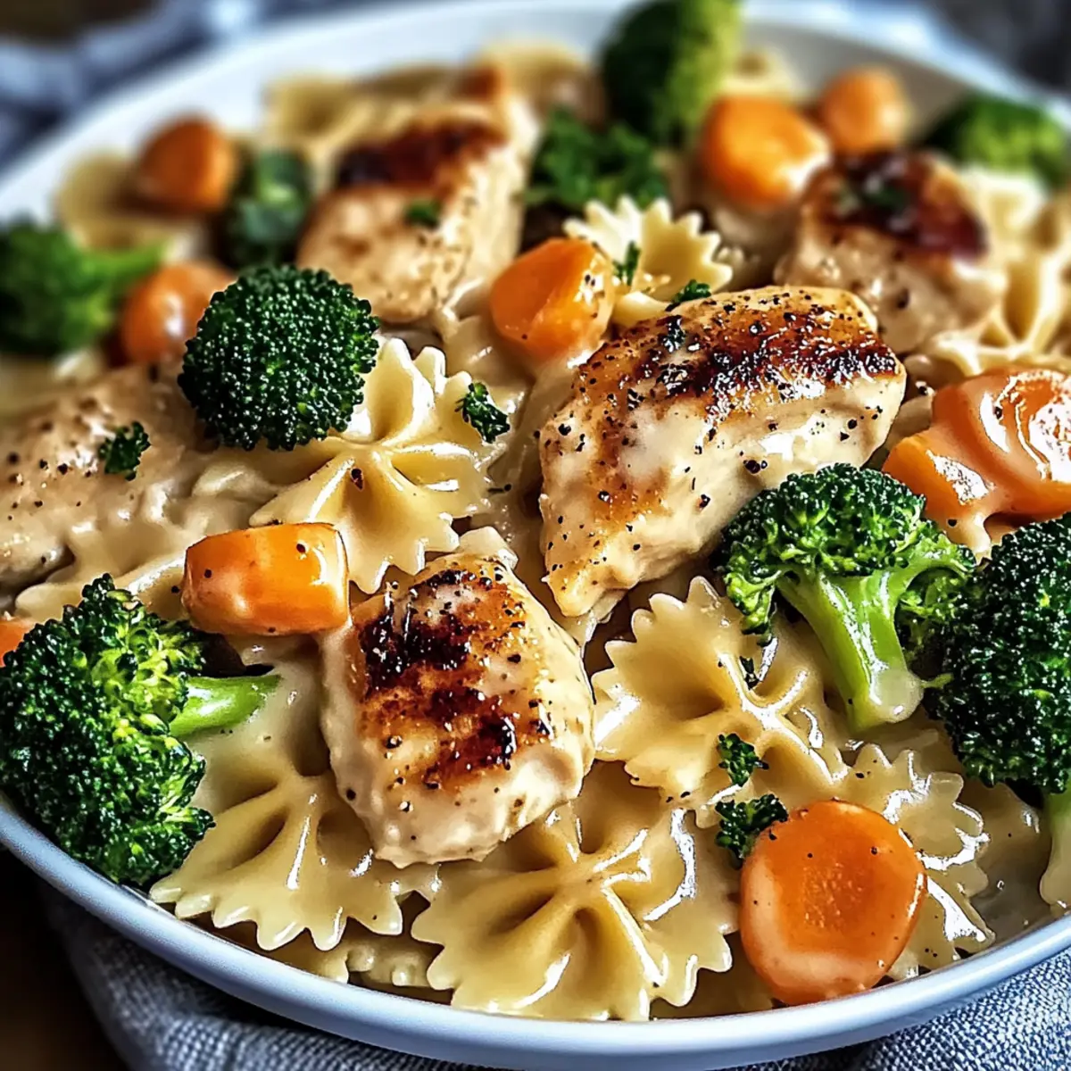 Creamy Cheddar & Havarti Chicken Bowtie Pasta with Roasted Veggies Delight