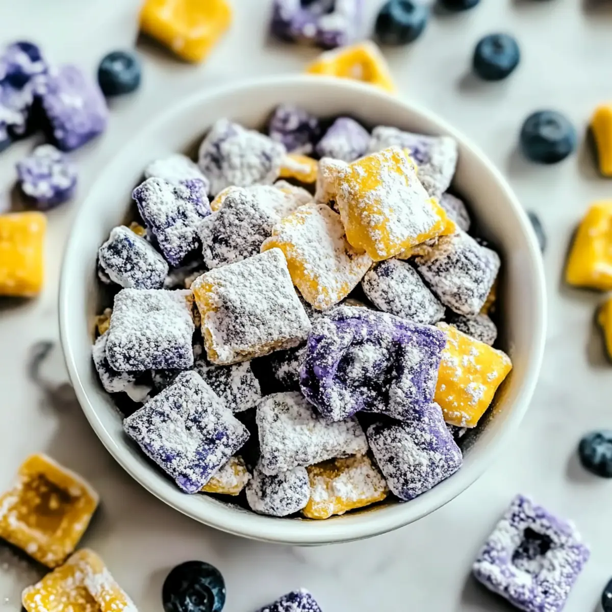 Blueberry Lemon Cheesecake Puppy Chow for Effortless Snacking