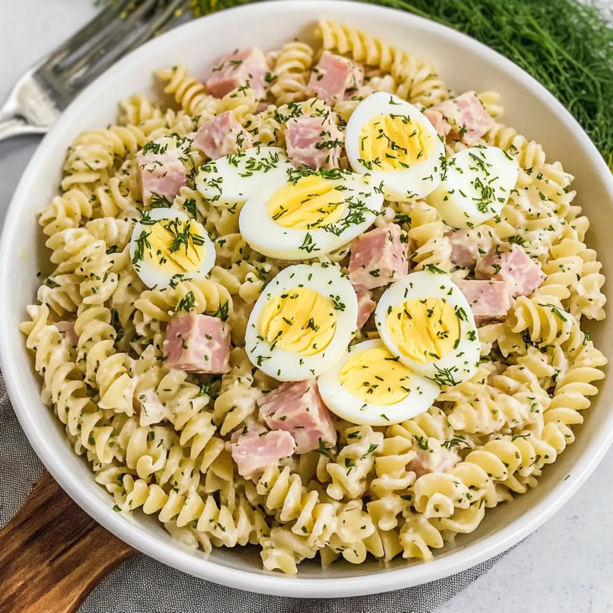 Dill Pickle Deviled Egg Pasta Salad with Ham for Summer BBQs